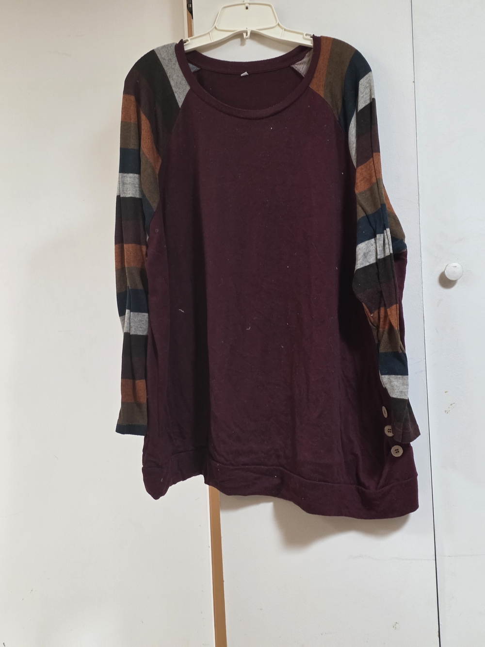 Crewneck Sweater in Burgundy with Striped Raglan Sleeves